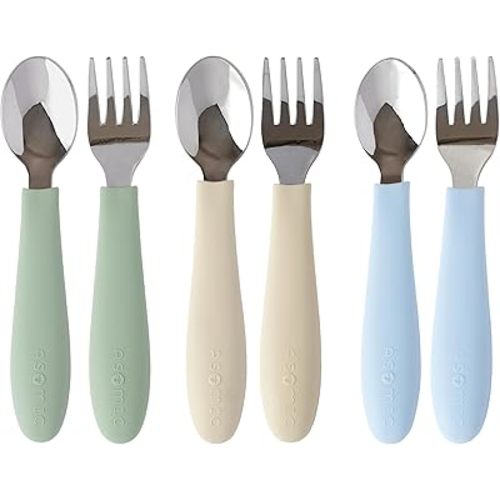 ASOMIC Premium 316 Stainless Steel Cutlery Set with Food-Grade Silicone Handles for Toddlers & Kids, 6-Piece Utensils Set with Safe Spoons & Forks, Durable & Dishwasher Safe (Sage/Sky Blue/Ivory)
