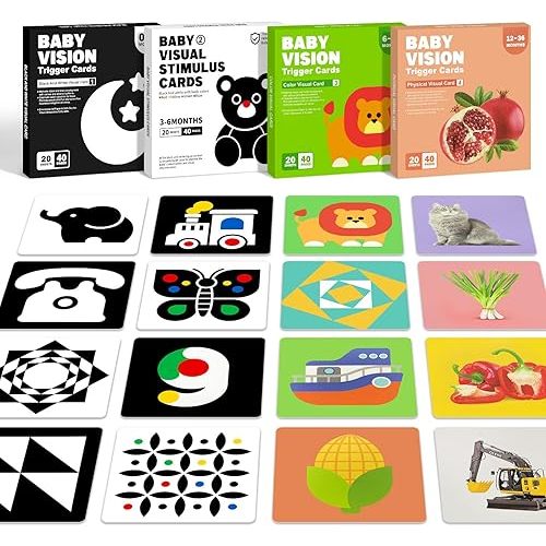 4 Sets High Contrast Baby Cards, 80 Pcs 160 Page Black White Colorful Baby Flashcards Newborn Toys for Infants Visual Stimulation Brain Sensory Development(0-36 Months)