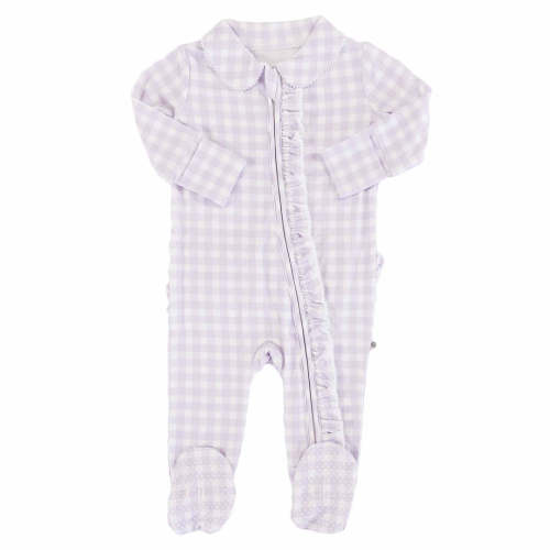 Peter Pan Collar Ruffle Zipper Footie in Lilac Gingham | Caden Lane