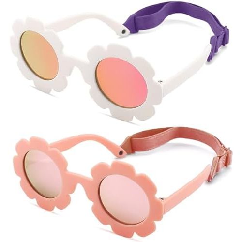 2PCS Baby Sunglasses, Flower Polarized Infant Sunglasses with Adjustable Strap for Newborn Infant Boys Girls Age 0-24 Months