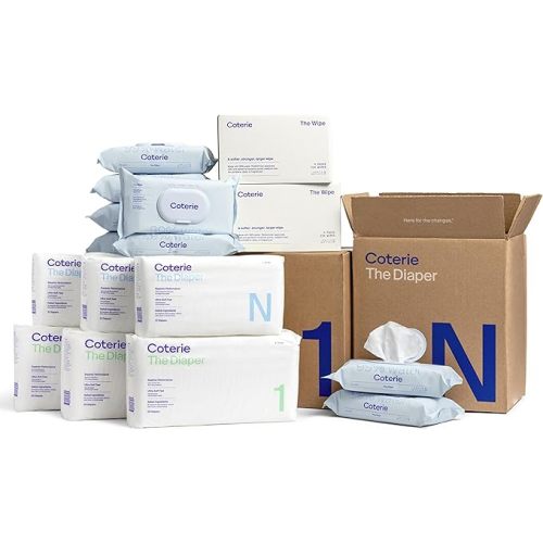 Coterie Baby Diapers + Wipes Baby Kit, Size 1 (99 Count) Size Newborn (93 Count) 8 Wipe Packs (448 Count) Made with Plant-Based Fibers, Hypoallergenic, Designed for Sensitive Skin, Clean Ingredients - Size N + Size 1 (99 count) + Wipes