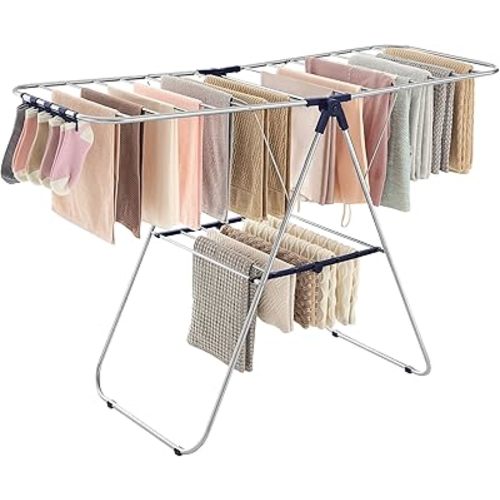 SONGMICS Clothes Drying Rack, Laundry Rack, Free-Standing Indoor Airer, 21.7 x 58.3 x 39.4 Inches, Silver and Blue ULLR52BU