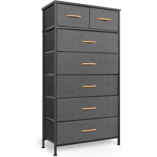 Tall Dresser for Bedroom, Vertical Storage Organizer Tower with 7 Drawers, Chest of Drawers with Fabric Bins, Steel Frame, Wood Top for Bedroom, Closet, Entryway- Grey