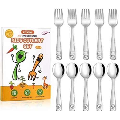 VITEVER 10-Piece Toddler Utensils, Kids Stainless Steel Silverware Set, Children Safe Forks and Spoons - Mirror Polished, Dishwasher Safe