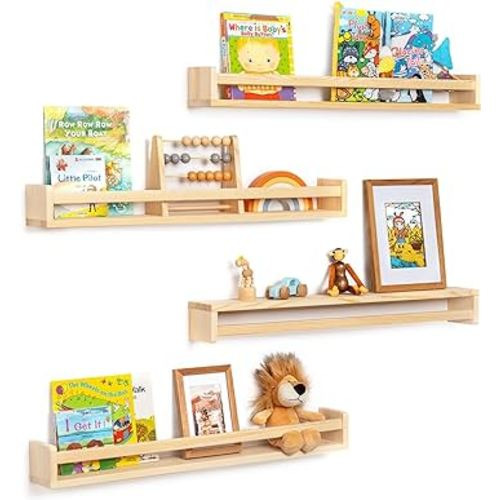 Fun Memories Nursery Book Shelves - Rustic Natural Solid Wood Floating Bookshelf for Kids - Wall Book Shelves for Kids Room (Natural, 32inch - 4P)