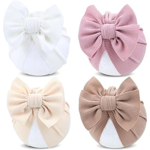 Cinaci 4 Pieces Baby Girls Turban Hats with Bow Newborn Hospital Caps Bonnet Beanies Headwraps for Infants Toddlers