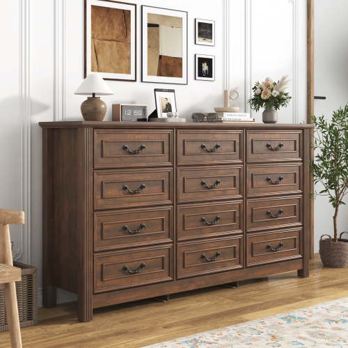 ChVans Farmhouse 12 Drawers Dresser for Bedroom, 63'' Wide Wood Rustic Chest of Drawers with Natural Texture, Vintage Design, Large Storage Dressers Organizer for Living Room, Hallway