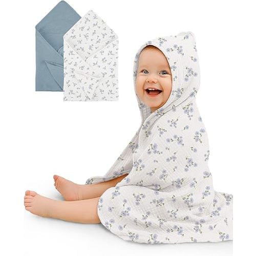 Hooded Baby Towels 2 Pack, Muslin Baby Bath Towels with Hood for Newborn Infant and Toddler, Soft Breathable & Absorbent, 32" x 32" (Bluebell Bloom & Light Blue, Lightweight)