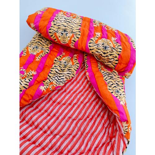 Orange Tiger Print Baby Quilt: Hand Stitched Cotton Kantha Blanket
