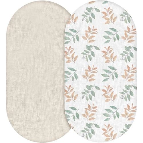 Muslin Bassinet Fitted Sheets, 2 Pack for Baby Boy and Girl, Soft Breathable Stretchy Baby Pad/Mattress Sheet Set, Universal Fit for Hourglass Oval and Rectangle Bassinet Mattress (Bright Leaves)