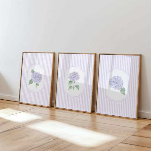 Hydrangea Wall Art Set of 3 – Purple Floral Botanical Prints – Digital Download Watercolor Flower Decor – Cottagecore Bedroom or Dorm Art