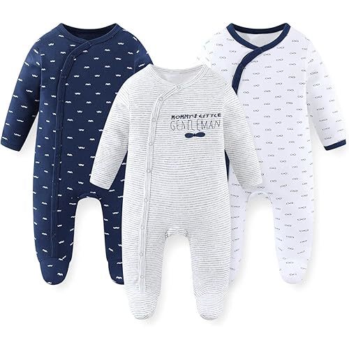 Unisex Baby Boy Girl Footies Rompers Cotton Long Sleeve 3 Pack Infant Jumpsuits 0-12Months Babies' Outfits
