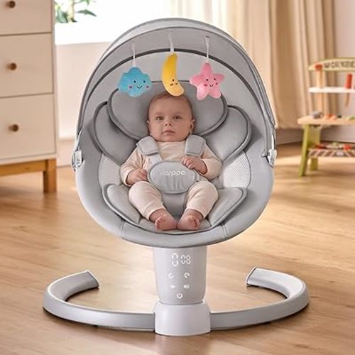HARPPA Weddell Electric Baby Swing for Infants, 5-Point Harness, 5 Motion Levels, Remote & Touch Control, Built-in Melodies, Portable Baby Swing for Indoor Use,Light Gray