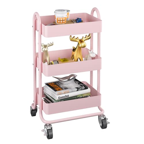 MIOCASA 3-Tier Metal Utility Rolling Cart, Heavy Duty Multifunction Cart with Lockable Casters, Easy to Assemble, Suitable for Office, Bathroom, Kitchen, Garden (Pink)