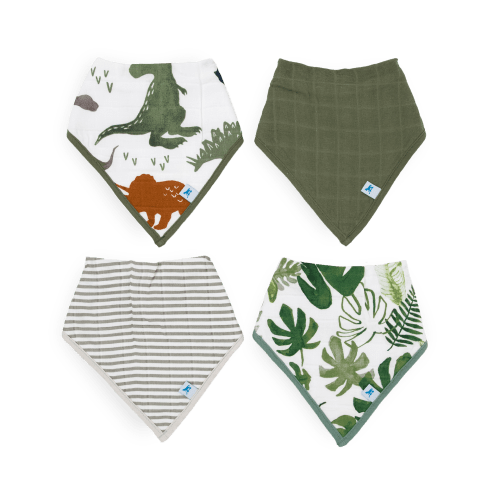 Cotton Muslin + Fleece Bandana Bib 4 Pack - Dino Friends