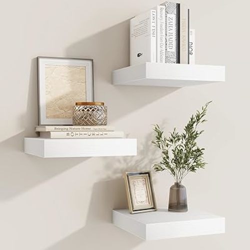 fuqing Floating Shelves for Wall, Wall Mounted Wood Floating Shelf with Invisible Brackets for Living Room, Bathroom, Bedroom, Kitchen Storage and Decor,6.5 Inch Set of 3, White
