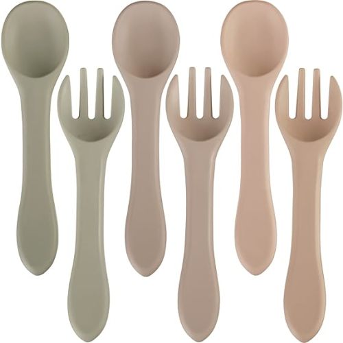 Nuenen 6 Pieces Silicone Baby Feeding Forks and Spoons Set Hot Safety First Stage Self Feeding Supplies Mini Kids Utensils for over 6 Months Babies Boy Girl Toddlers First Foods (Nature Color)