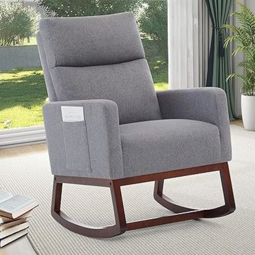 Zedachica Rocking Chair Nursery Glider Rocking Chair for Nursing, Upholstered Nursery Chair with Side Pocket and High Back, Rocking Accent Armchair Glider Rocker for Living Room Bedroom, Grey
