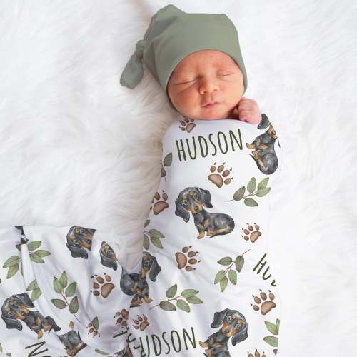 Personalized Dachshund Puppy Swaddle Blanket Dog Name Baby Blanket Newborn Baby Boy Coming Home Outfit Dog Lover Gift Baby Shower Gift