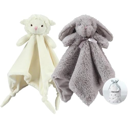 CREVENT 2pcs Soft Plush Animal Face Security Blankets for Boys and Girls, Great Gifts for Birthday Baby Shower (Sheep + Bunny)