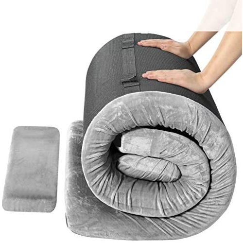 FBSPORT Memory Foam Floor Mattress with Pillow Camping Mattress/Car Travel Mat/Roll-Up Guest Bed/Portable Sleeping Pad Adult with Removable Waterproof Cotton Terry Cover and Bag