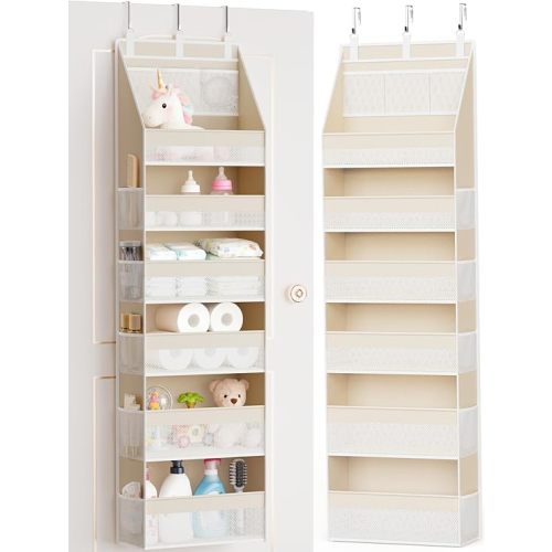 Criusia Over the Door Organizer, 6-Shelf Closet Hanging Storage with 13 Mesh Pockets, 55lbs Capacity Behind the Door Storage for Baby Nursery, Bathroom, Bedroom, and Dorm, Beige