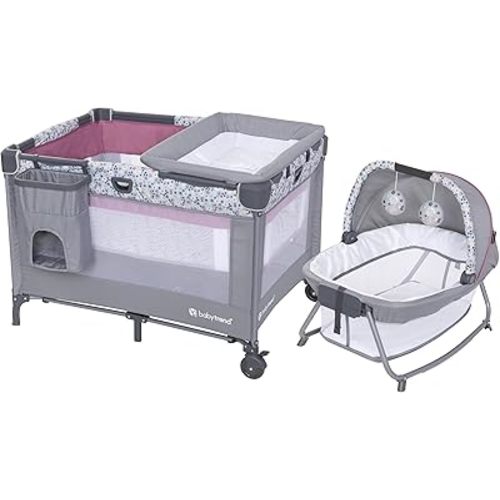Baby Trend Nursery Den Playard with with Rocking Cradle, Snooze Pod, Flip Over Changer, Daisy Pink