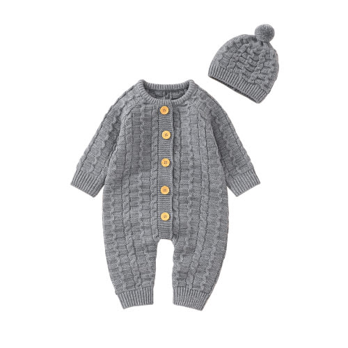 Infant Baby Boys Girls Knitted Sweater Romper Long Sleeve Button Jumpsuit with Hat Fall Winter Warm Clothes