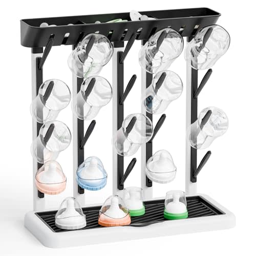 Yieach Larger Baby Bottles Drying Rack for 20 Bottles,Space Saving Feeding Drying Rack for Baby Bottles for Countertop,Vertical Baby Bottle Holder & Storage Station for Pacifiers,Breast Pump,Black