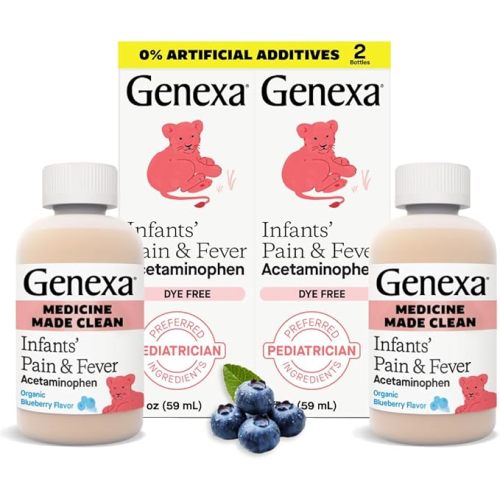 Genexa Infants' Clean Acetaminophen | Pediatrician Preferred Ingredients | Pain Reliever & Fever Reducer for Babies | Dye Free, 0% Artificial Additives | Organic Blueberry Flavor, 4 fl oz (2 Pack)