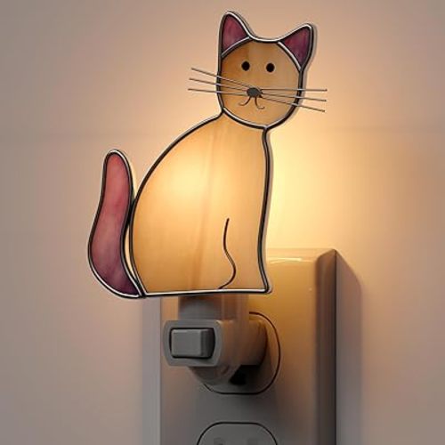 KY&BOSAM Stained Glass Cat Night Lights Plug into Wall 1-Pack 7W Plug in Night Light Dusk to Dawn 3000K Warm White Bright Nightlight Switch-On/Off for Adults Kids Room Bathroom Hallway Kitchen Non-Dim