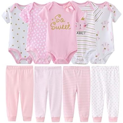 Newborn Baby Clothes Set - Short Sleeve Baby Boy Pants & Girl Bodysuits - Layette Sets