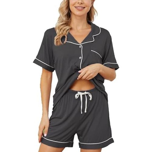 Womens Pajama Sets Short Sleeve Sleepwear Soft Button Down Nightwear Lounge Pj Set XS-XXL