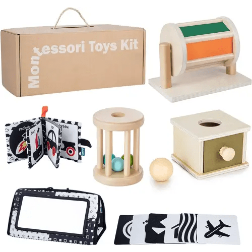 Early Learning Toy for 0-6 Months, Montessori Baby Toys 6 in 1 Learning Educational Set - Object Permanence Box, Baby Roller, Spinning Drum, Black and White High Contrast Baby Toys, Tummy Time Mirror