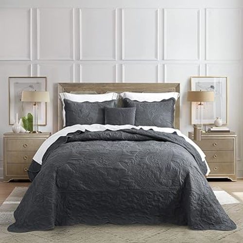 HZ & HY Oversized King Bedspread 128x120 Extra Wide, Quilted Coverlet Bedding Set, Lightweight Thin Comforter, Reversible, Luxurious, 5 Piece, 100% Microfiber, Dark Grey