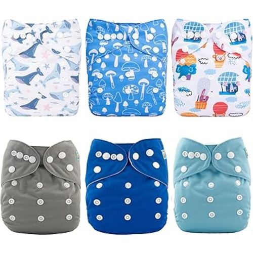 ALVABABY 6 Pack Cloth Diaper with 12 Inserts One Size Adjustable Washable Reusable Diaper Cover for Baby Girls and Boys