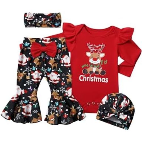 Baby Girl Clothes,4pcs Infant Newborn Girl Outfits Ruffle Romper Baby Bell Bottoms Headband Bandana Clothes Sets Gifts