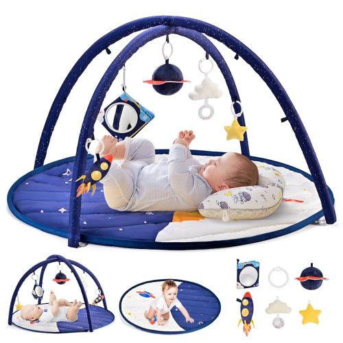 2PM SPORTS Space Theme Baby Play Mat, Tummy Time Mat, Baby Play Gyms & Playmats for 0-3 0-6 0-12 3-6 6-12 Months, Activity Mat 5 Detachable Toys, Newborn Infant Baby Boy Essentials Shower Gift