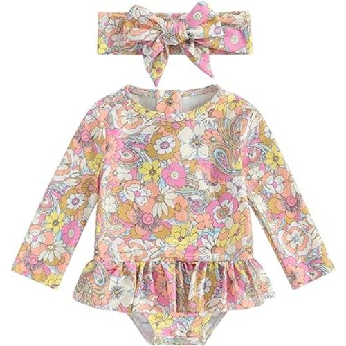 MERSARIPHY Baby Girl One-Piece Swimsuit Rash Guard Toddler Infant Zipper Long Sleeve Swimwear+Hat Bathing Suit Swimwear