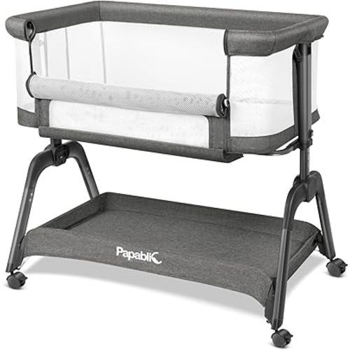Papablic Baby Bassinet, Bedside Bassinet for Baby with Four-Sided Breathable Mesh & Soft Mattress, Adjustable Bedside Sleeper with Storage Basket and Wheels, Easy to Assemble, Grey
