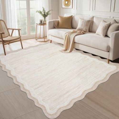 Low Pile Washable Area Rug Indoor Non Slip Rug, Scalloped Edge Modern Carpet for Living Room, Soft Neutral Home Decor