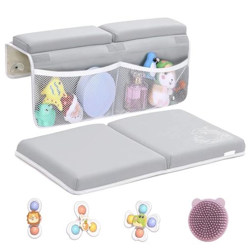 Mostop Bath Kneeler and Elbow Rest Pad Set - Bathtub Kneeling Pad for Baby Bathing - Thick Quick Dry Kneeling Pad Support for Knee & Arm - Non-Slip Bathtub Mat with Toys Organizer, 3 Bath Toys