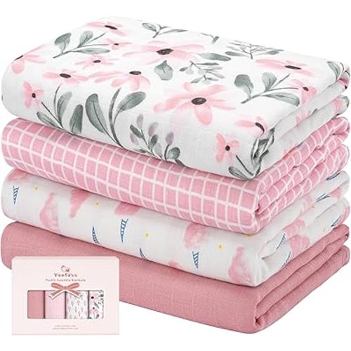 Yoofoss Muslin Swaddle Blankets, 4-Pack Receiving Blankets for Baby Boys and Girls, 47 x 47 Inches Baby Blankets Neutral Swaddle Wrap 70% Rayon from Bamboo and 30% Cotton