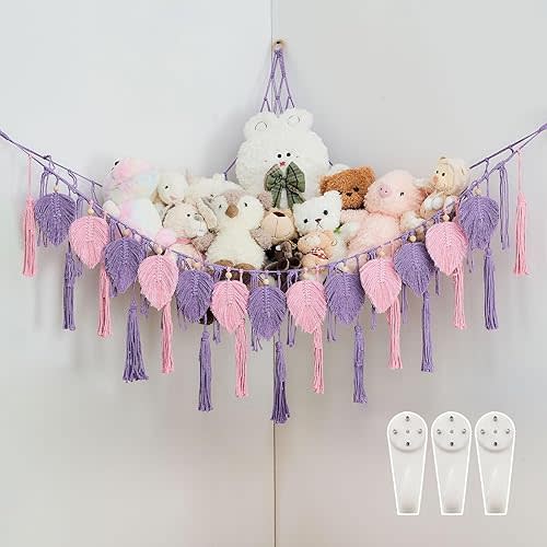 Pretty Jolly Stuffed Animal Storage with Hand Woven Leaf Tassels Hammock Corner Hanging Net Boho Macrame Plush Storage for Kid Room Nursery Decor Wall Display Organizer for Girls Boy Gift(Purple)