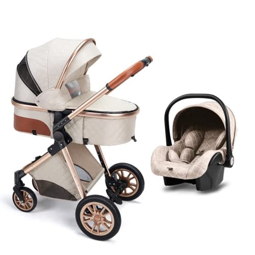 Luxurious Baby Stroller with Infant Carrier, Baby Carriage with Detachable Bassinet for Newborns, 2 Way Facing, Multifunction (A-Beige)