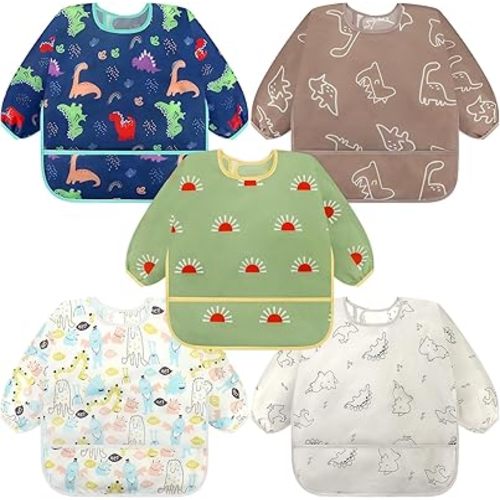 Accmor 5 Pack Long Sleeve Bibs, Baby Smock Waterproof Sleeved Bib Smock for Baby Toddler 6-36 Months