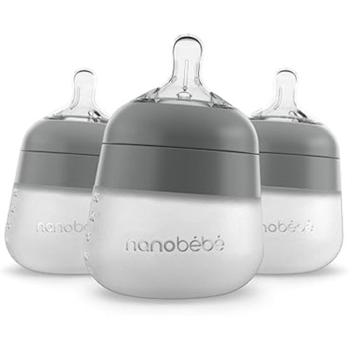 Nanobébé Flexy Silicone Baby Bottle, Anti-Colic, Natural Feel, Non-Collapsing Nipple, Non-Tip Stable Base, Easy to Clean 3-Pack, Gray, 5 oz
