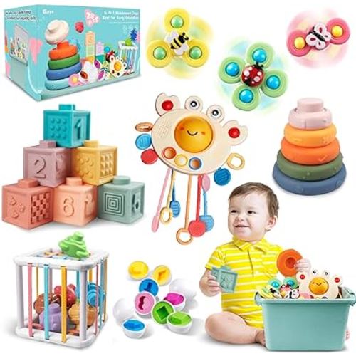 Baby Toys for 6 to 12 Months, Montessori Toys for Babies, Sensory Bins Toys for Toddlers 1-3, Pull String Teether Infants Bath Toys 6 in 1 Stacking Blocks Rings, Matching Eggs, Suction Cup Spinner Toy