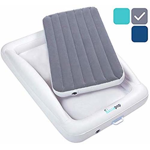 hiccapop Inflatable Toddler Travel Bed with Safety Bumpers | Portable Blow Up Mattress for Kids with Built in Bed Rail - Gray - Slate Gray