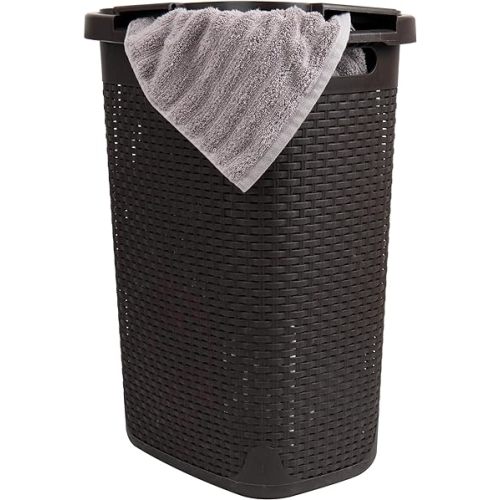 Mind Reader 60L Slim Laundry Hamper, Clothes Basket, Lid, Wicker Design, Plastic, 17.65"L x 13.75"W x 24.15"H, Brown